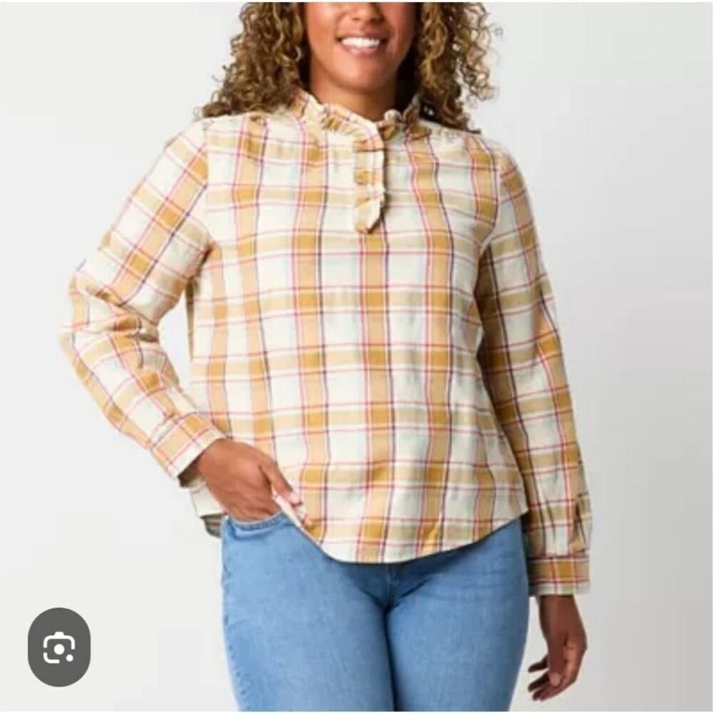 ST JOHN’S BAY Womens Plaid Blouse 1X Neutral Ruffle Neck Long Sleeve Cotton Fall